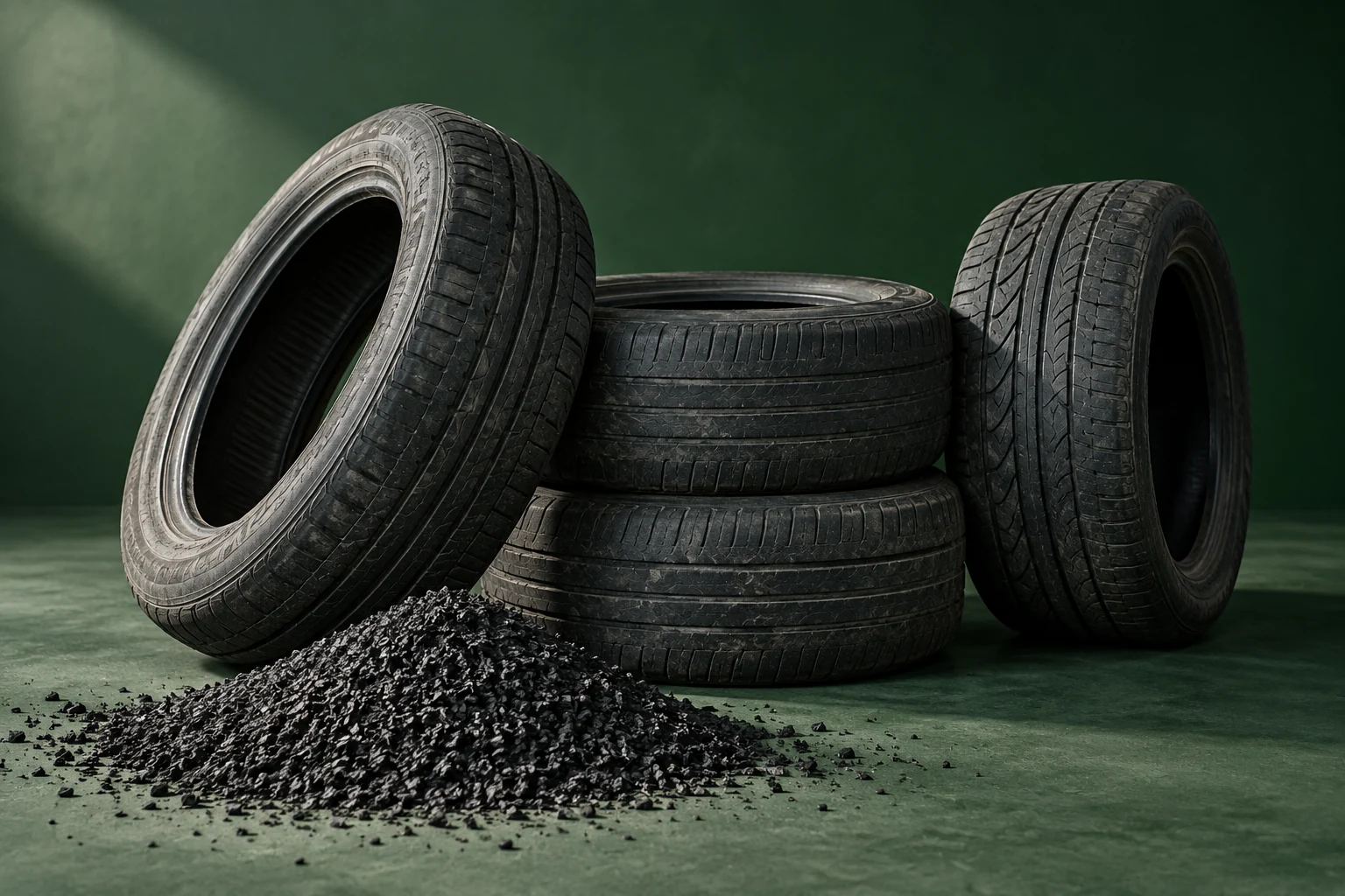 Black used tyres and recovered rubber granules in a green studio setting